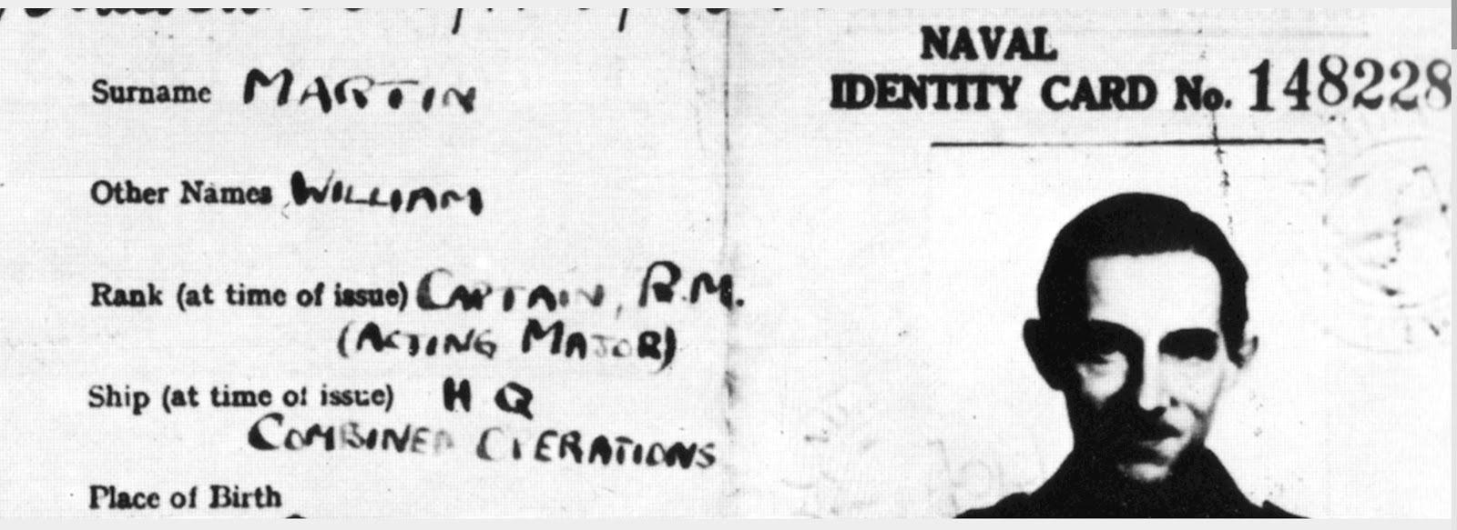 Fake ID for Major William Martin of the Royal Marines in Operation Mincemeat