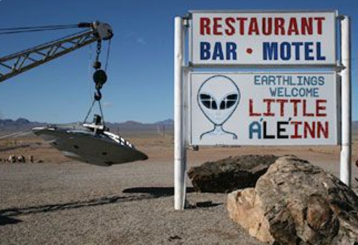 Area 51 for tourists, restaurant and bar sign with alien