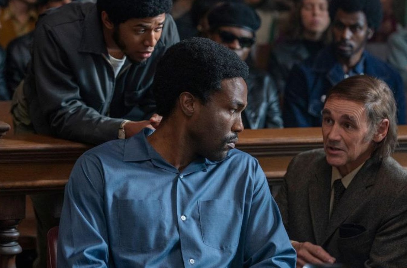 Actor Yahya Abdul-Mateen II as Bobby Seale in Netflix’s The Trial of the Chicago Seven.