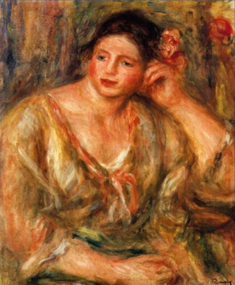 Madeleine Leaning on Her Elbow with Flowers in Her Hair by Renoir, 1918