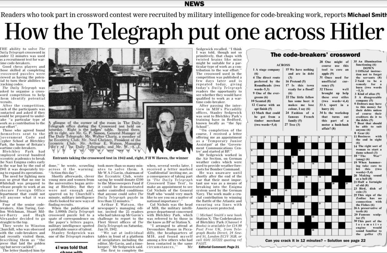 Telegraph crossword puzzle used to recruit Bletchley Park codebreakers