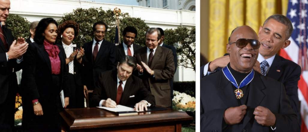 Ronald Reagan signs Martin Luther King Day into Law. Steve Wonder is awarded a civilian honor by Obama