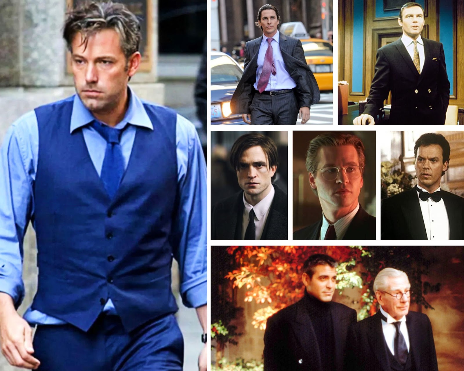 A montage of Batman / Bruce Wayne stars including Robert Pattinson, Ben Affleck, Christian Bale, Michael Keaton, George Clooney and Adam West 