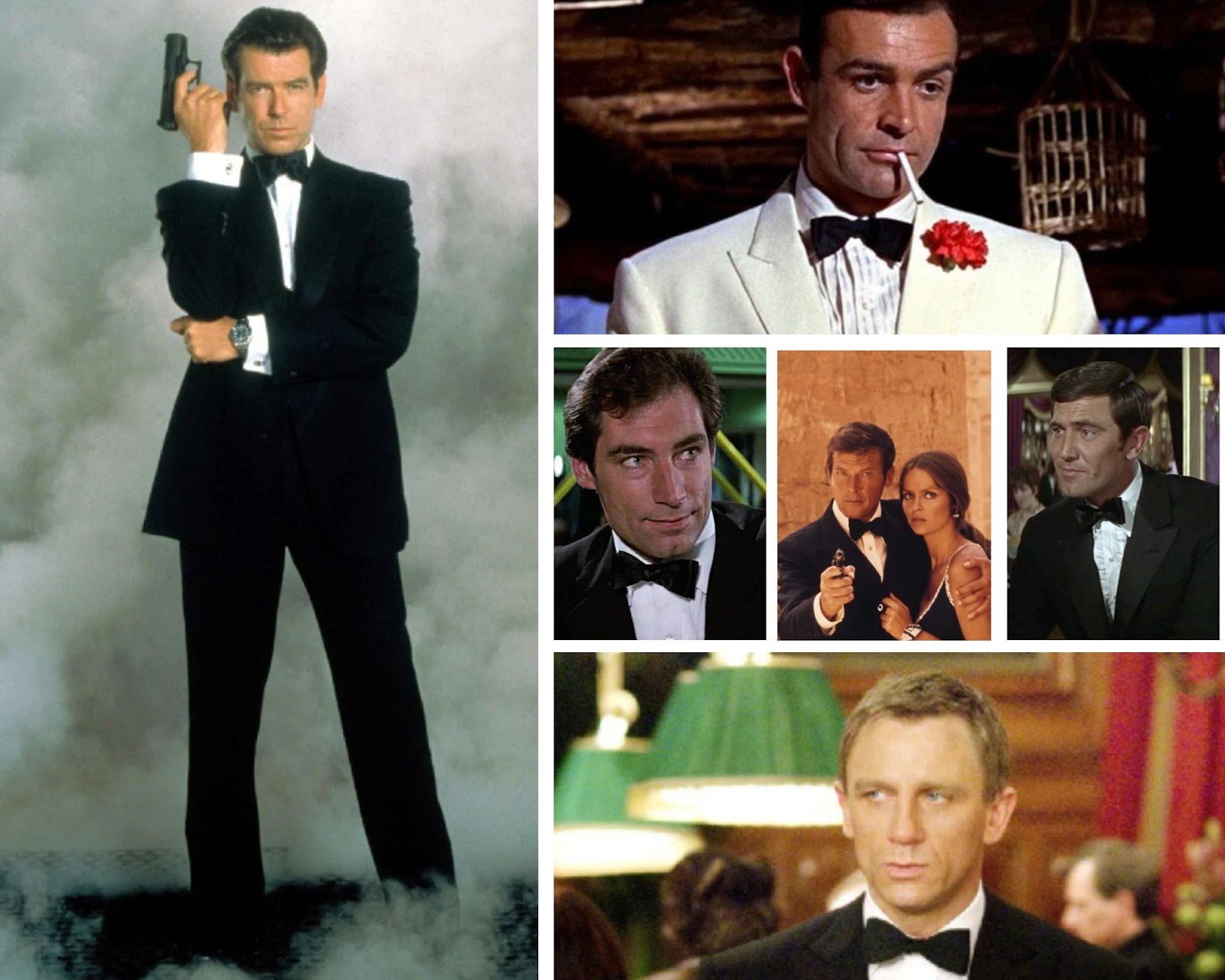 A montage of actors who have played James Bond including 007 Brosnan, Connery, Lazenby, Craig, Timothy Dalton, and Roger Moore 