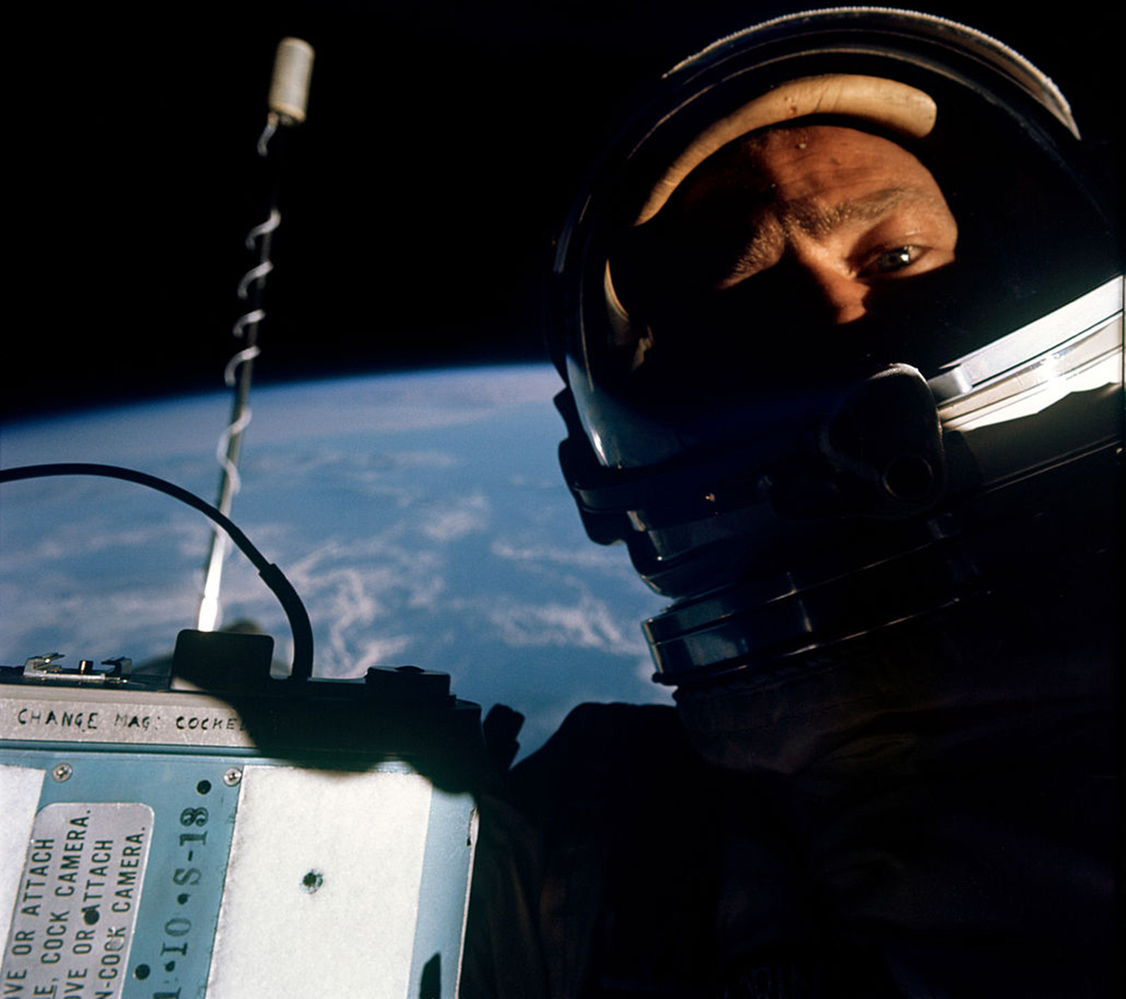 Buzz taking the first selfie in space on the 1966 Gemini 12 mission