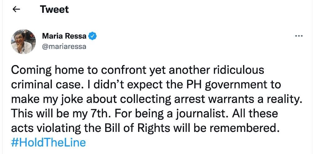 Maria Ressa Tweet about being arrested yet again