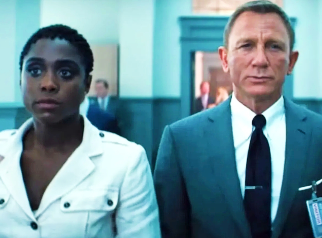 Actress Lashana Lynch (Nomi) with Daniel Craig (Bond)