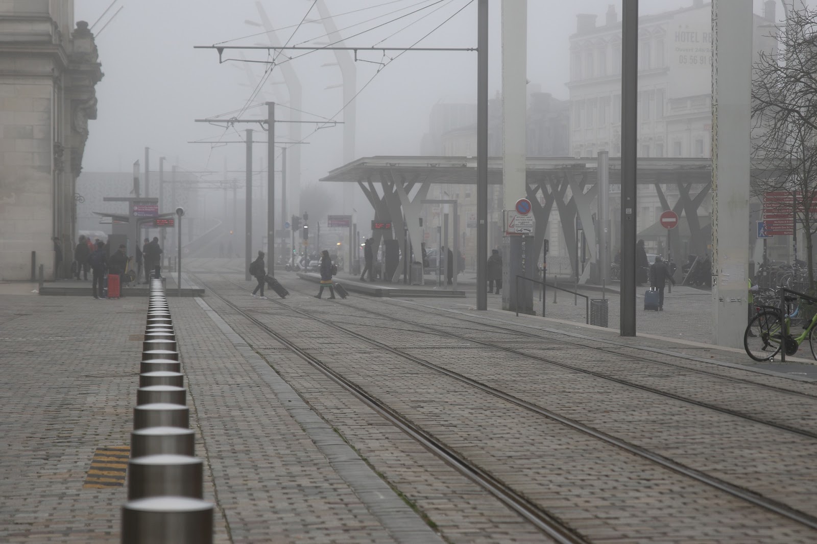 A foggy train station