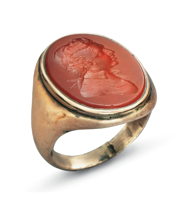 This 18th century ring depicts Major John André, the head of the British Army’s Secret Service during the American Revolution. It commemorates his capture as a spy by the Continental Army for assisting Benedict Arnold's attempted surrender of West Point to the British.
