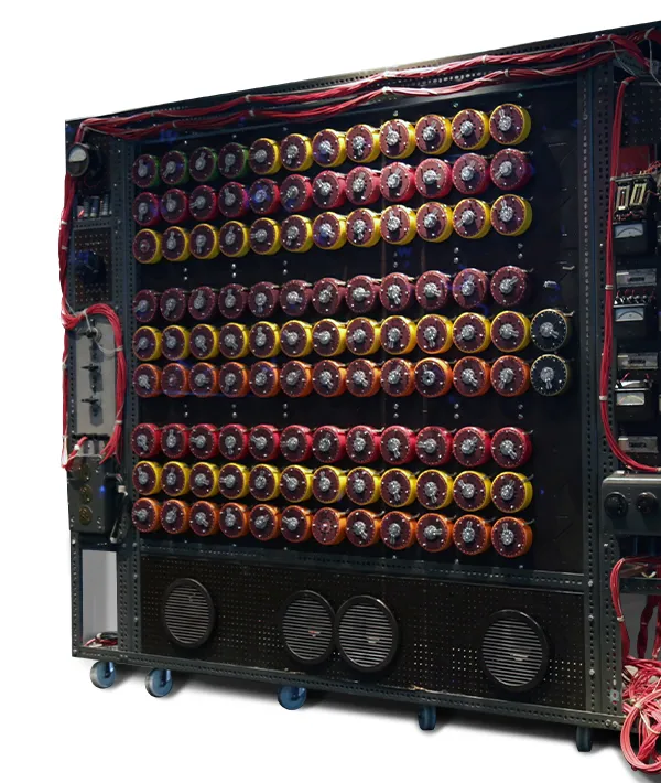 These ‘Bombes’ were designed by codebreakers at Bletchley Park during WWII to decrypt messages from German Enigma machines. This model was used in the film The Imitation Game starring Benedict Cumberbatch as Alan Turing and Keira Knightley as Joan Clarke.