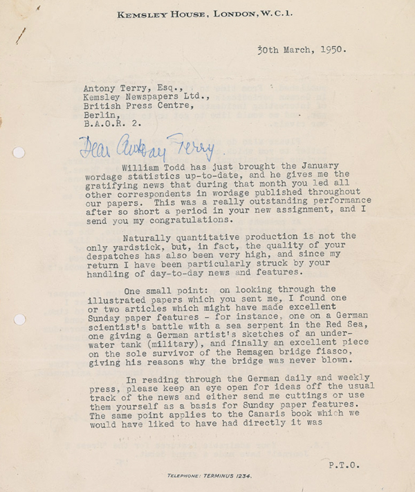 Utilizing his job at Kemsley News Group as a cover, James Bond author Ian Fleming ran an intelligence network which used journalists to gather information in sensitive foreign zones. This letter is to his German correspondent, Antony Terry, later exposed as a spy.