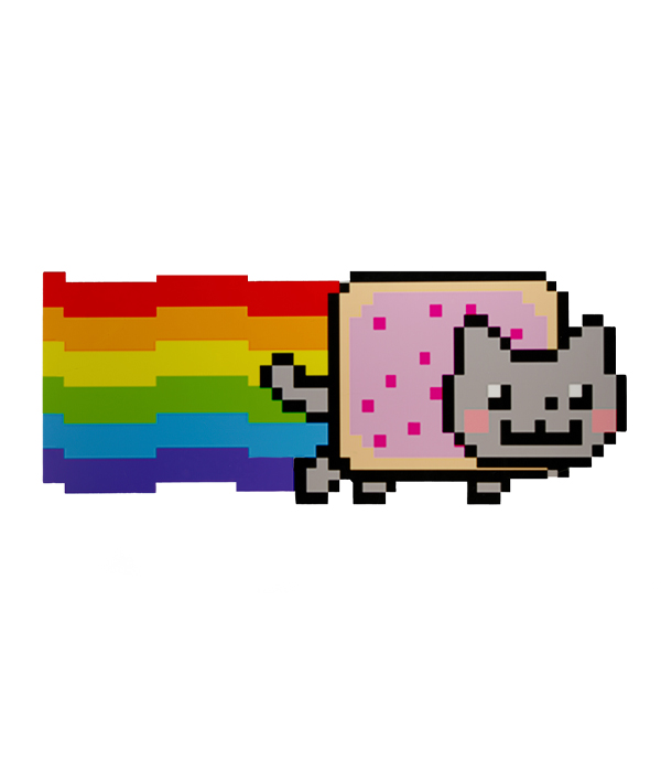 The Nyan Cat began life as an animated GIF before becoming the fifth most watched YouTube video of 2011. It's typical of the anarchic, psychedelic imagery used by hackers. Its body is a Pop-Tart. This physical cat was used in the 2014 play ‘Teh Internet is Serious Business’. 