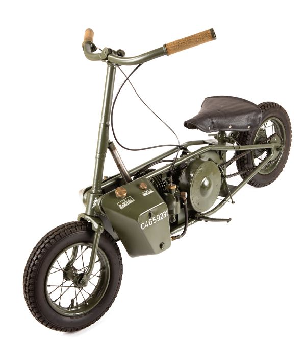 The Welbike is the smallest motorcycle ever used by the Allied armed forces. Paratroopers used it to move quickly through the countryside behind enemy lines. But that was easier said than done - the bike has no suspension or front brakes, and a fuel capacity of less than a gallon.