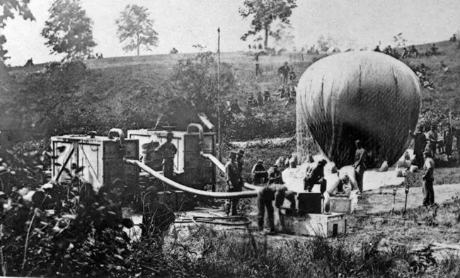 America’s Union Army balloon ‘Intrepid’ is inflated from gas generators for the Battle of Fair Oaks