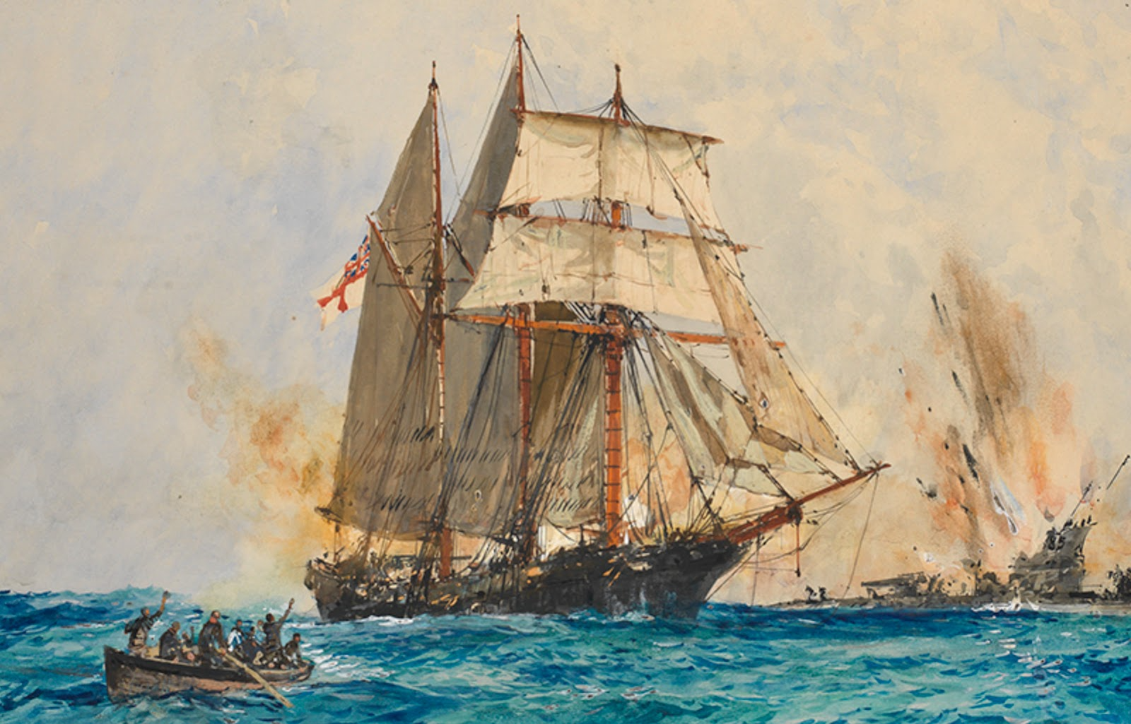 Watercolor of the Q-ship H.M. schooner Prize, engaged with a German submarine, 1917
