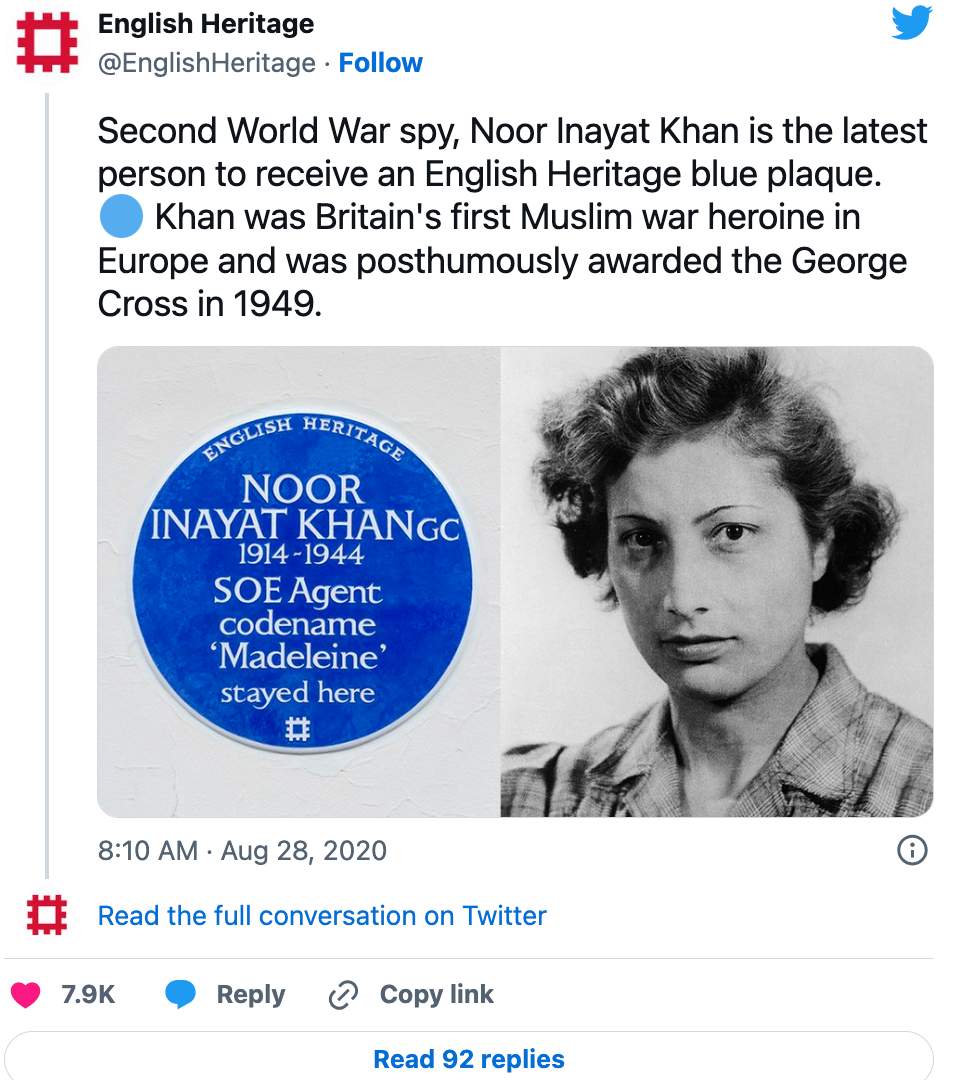 Noor Inayat Khan Tweet from English Heritage