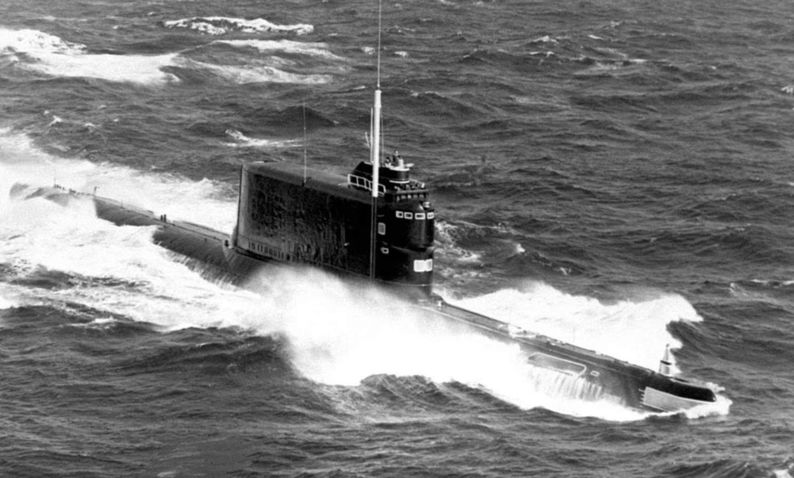 An aerial starboard bow view of a Soviet Golf II class ballistic missile submarine like the K-129